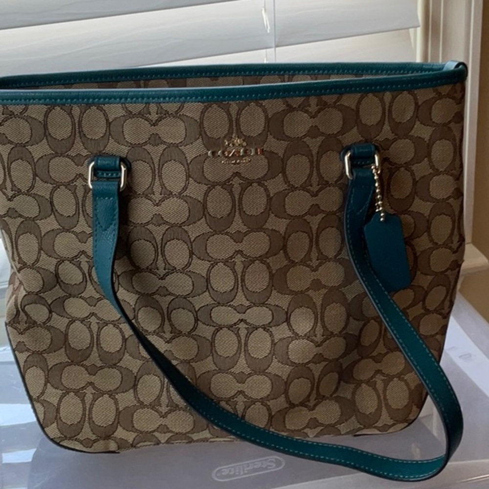 Coach | Outline Signature Zip Top Tote Teal Turquoise
